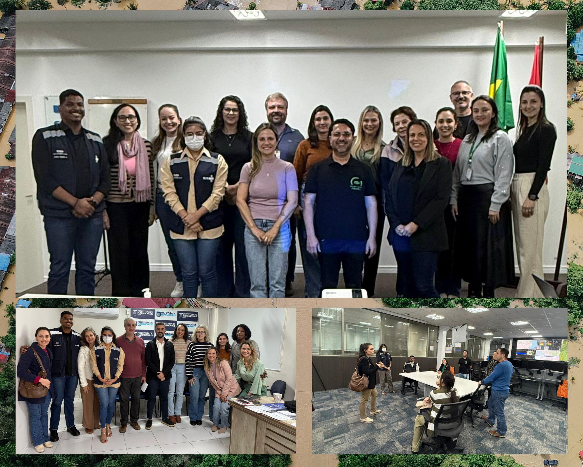 Montagem com três fotos de reuniões institucionais. Na parte superior, um grupo de 17 pessoas posa para foto em sala de reuniões com bandeiras do Brasil e de Santa Catarina ao fundo. No canto inferior esquerdo, outro grupo de pessoas reúne-se em frente a um painel com logotipos institucionais. No canto inferior direito, algumas pessoas participam de uma conversa em uma sala de trabalho com mesas e monitores.