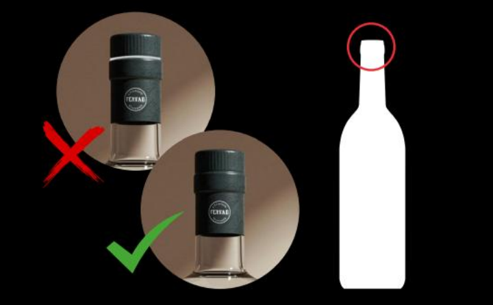 Ilustração sobre verificação de bebidas alcoólicas, com dois exemplos de tampas: à esquerda, uma tampa incorreta marcada com um X vermelho e outra correta marcada com um símbolo de confirmação verde; à direita, silhueta de uma garrafa branca com o gargalo destacado por um círculo vermelho, indicando o local de atenção para identificar possíveis sinais de violação.
