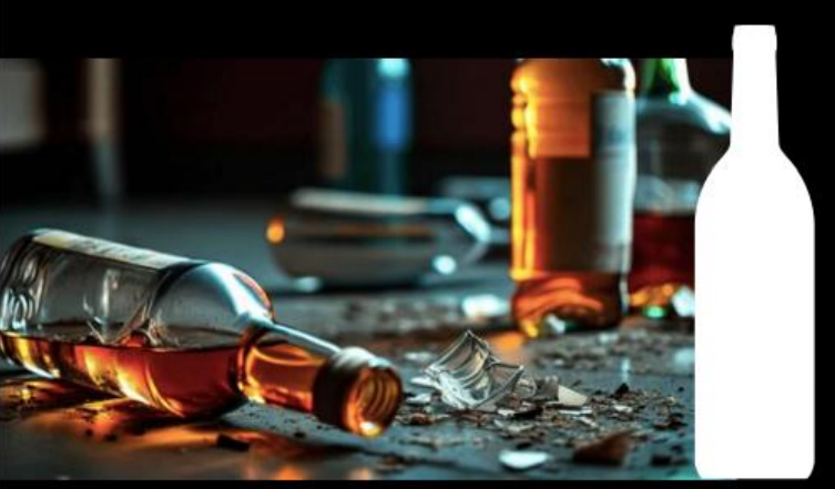 Cena de bebidas alcoólicas em ambiente escuro, com uma garrafa caída e quebrada no chão, líquido derramado e cacos de vidro espalhados; ao fundo, outras garrafas desfocadas e, à direita, silhueta branca de uma garrafa destacando o formato para identificação.