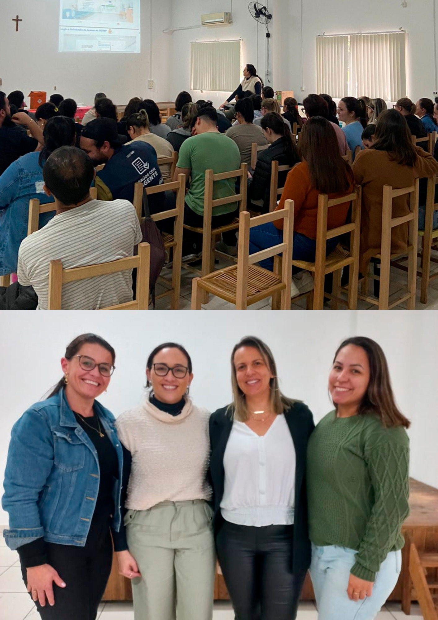 Na parte superior, auditório com várias pessoas sentadas em cadeiras de madeira assistindo a uma palestra, com uma apresentação projetada na parede. Na parte inferior, quatro mulheres em pé, sorrindo para a câmera, lado a lado em ambiente interno claro.