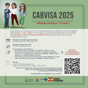 Inscrições para o Curso de Ações Básicas em Vigilância Sanitária - CABVISA 2025