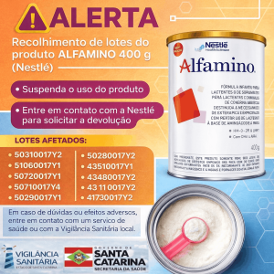 Alerta DIVS nº 05/2026 - ANVISA determina suspensão e recolhimento de lotes do produto ALFAMINO 400 g, da empresa Nestlé Brasil Ltda